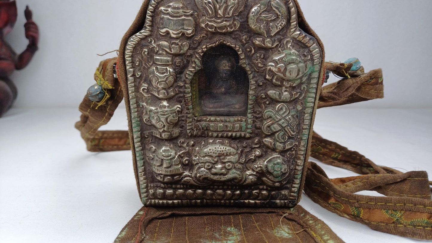 Antique AMITABHA BUDH Tibetan Ghau Shrine,Pocket Tibetan Buddhist Altar,VintagePortable Travel Tibetan Repousse,CopperSilver Ghau Prayer Box