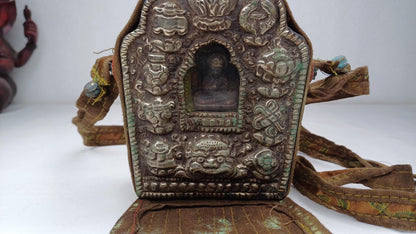 Antique AMITABHA BUDH Tibetan Ghau Shrine,Pocket Tibetan Buddhist Altar,VintagePortable Travel Tibetan Repousse,CopperSilver Ghau Prayer Box