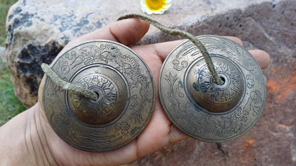 Vintage Rare Authentic Large Dragon Carved Tibetan Tingsha Bells,Handmade Tibetan Buddhist Ritual Cymbal,Yoga Meditation Sound Healing Tool