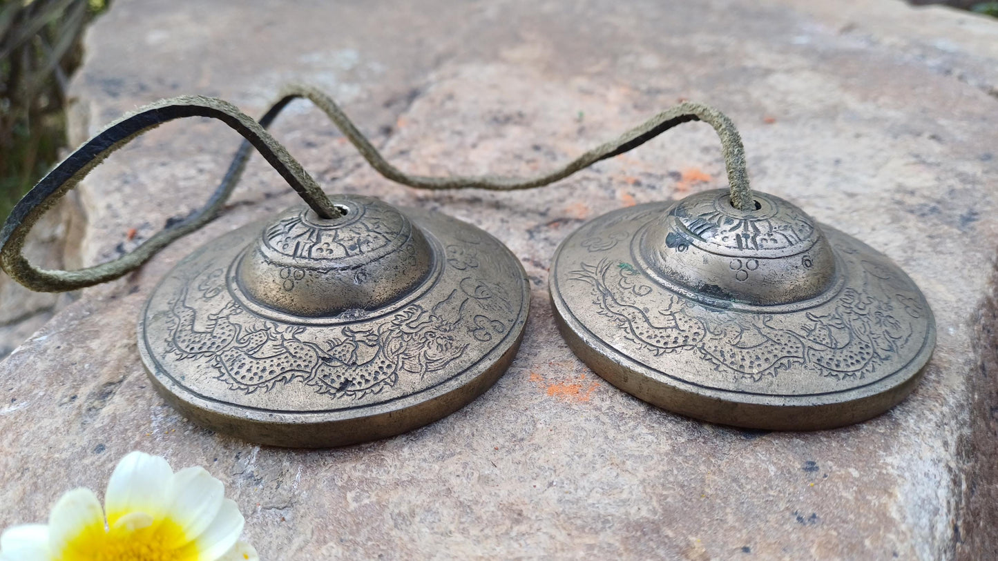 Vintage Rare Authentic Large Dragon Carved Tibetan Tingsha Bells,Handmade Tibetan Buddhist Ritual Cymbal,Yoga Meditation Sound Healing Tool