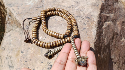 108 12mm Antique Gandhara Hand-carved Original Yak Bone Tibetan Buddhist Prayer Beads,Vintage Tantrik  Disk-Shaped Yak Kapala Bone Rosary