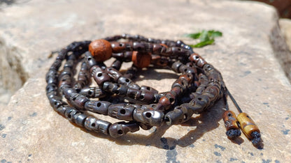 108 Handcarved Skull Bone Beads and Bodhi Meditation Mala,Ethnic Bone Necklace/Jewellery,Tibetan Buddhist Prayer Skull Bone Prayer Rosary