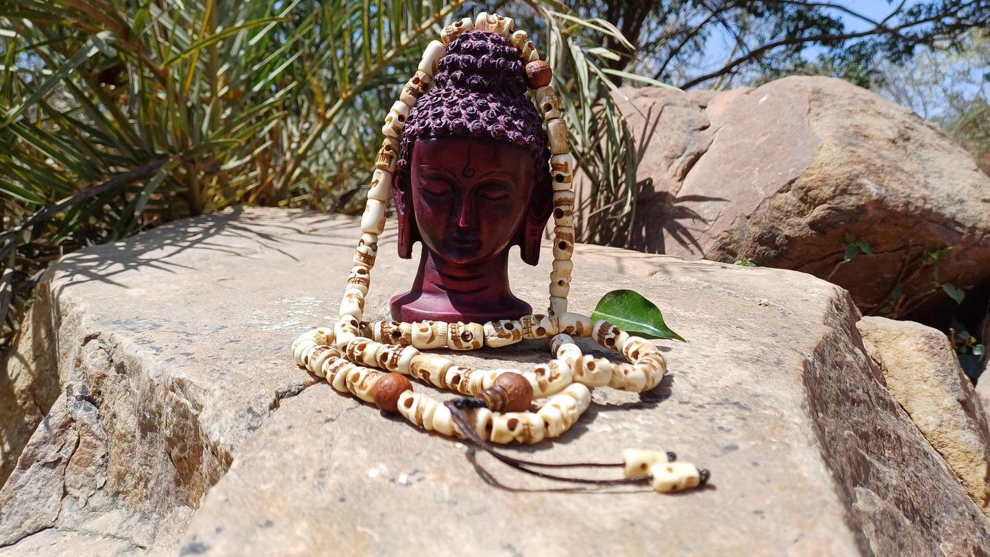 54 Handcarved Buddhist Tantrik Skull Bone and Bodhi Impermanence Mala,Bone Meditation Bead,Ethnic Tibetan Buddhist Prayer Skull Bone Rosary