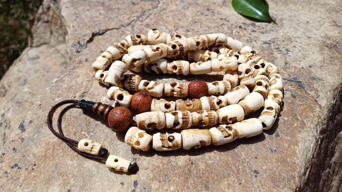 54 Handcarved Buddhist Tantrik Skull Bone and Bodhi Impermanence Mala,Bone Meditation Bead,Ethnic Tibetan Buddhist Prayer Skull Bone Rosary