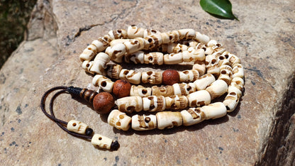 54 Handcarved Buddhist Tantrik Skull Bone and Bodhi Impermanence Mala,Bone Meditation Bead,Ethnic Tibetan Buddhist Prayer Skull Bone Rosary