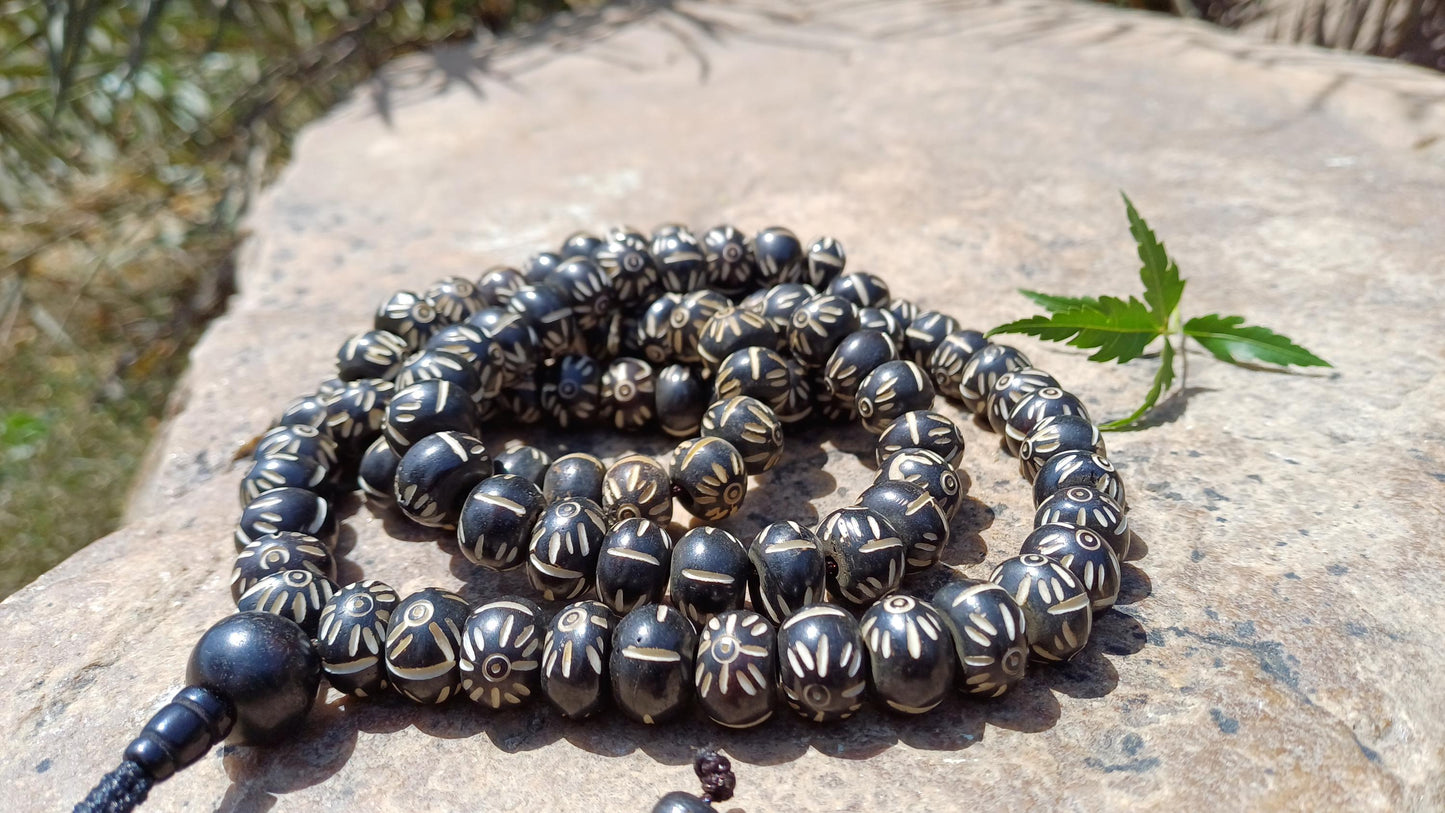 108 12mm Antique Gandhara Hand-carved Original Bone Tibetan Buddhist Prayer Beads,Vintage Buddhist Rosary Mala,Disk Shaped Kapala Bone Mala