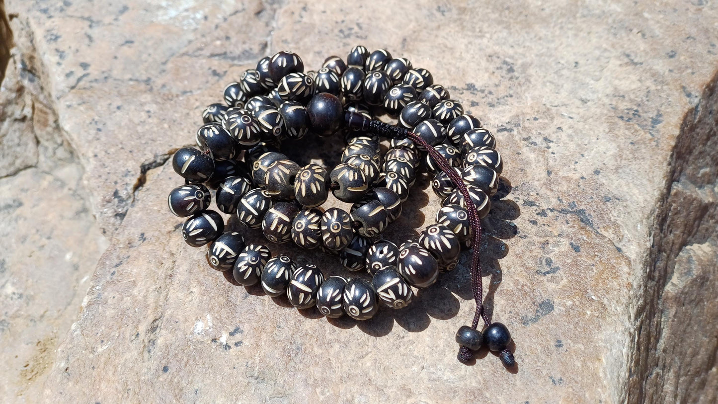 108 12mm Antique Gandhara Hand-carved Original Bone Tibetan Buddhist Prayer Beads,Vintage Buddhist Rosary Mala,Disk Shaped Kapala Bone Mala