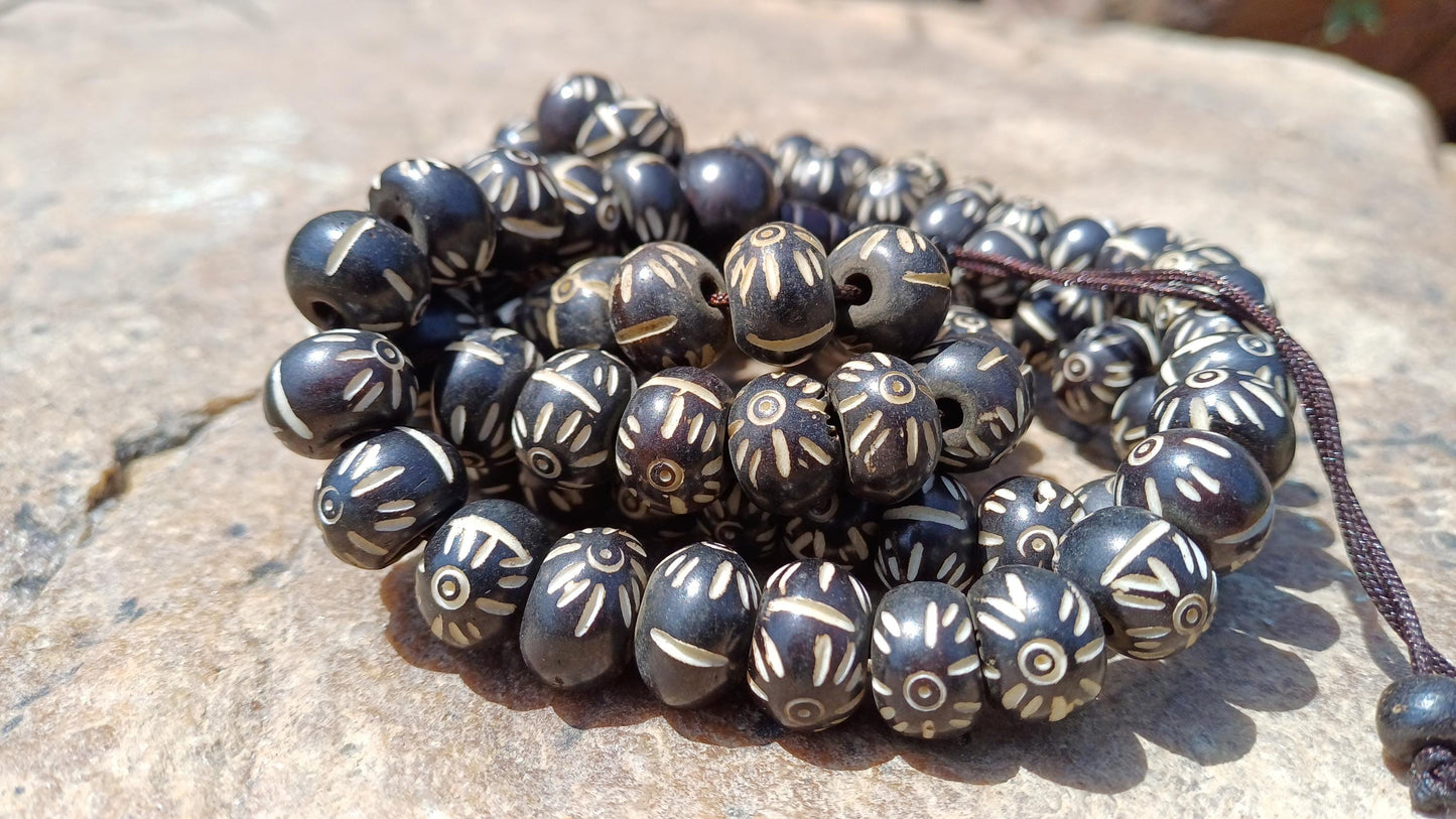 108 12mm Antique Gandhara Hand-carved Original Bone Tibetan Buddhist Prayer Beads,Vintage Buddhist Rosary Mala,Disk Shaped Kapala Bone Mala