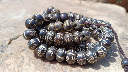 108 12mm Antique Gandhara Hand-carved Original Bone Tibetan Buddhist Prayer Beads,Vintage Buddhist Rosary Mala,Disk Shaped Kapala Bone Mala