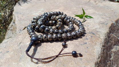 108 12mm Antique Gandhara Hand-carved Original Bone Tibetan Buddhist Prayer Beads,Vintage Buddhist Rosary Mala,Disk Shaped Kapala Bone Mala