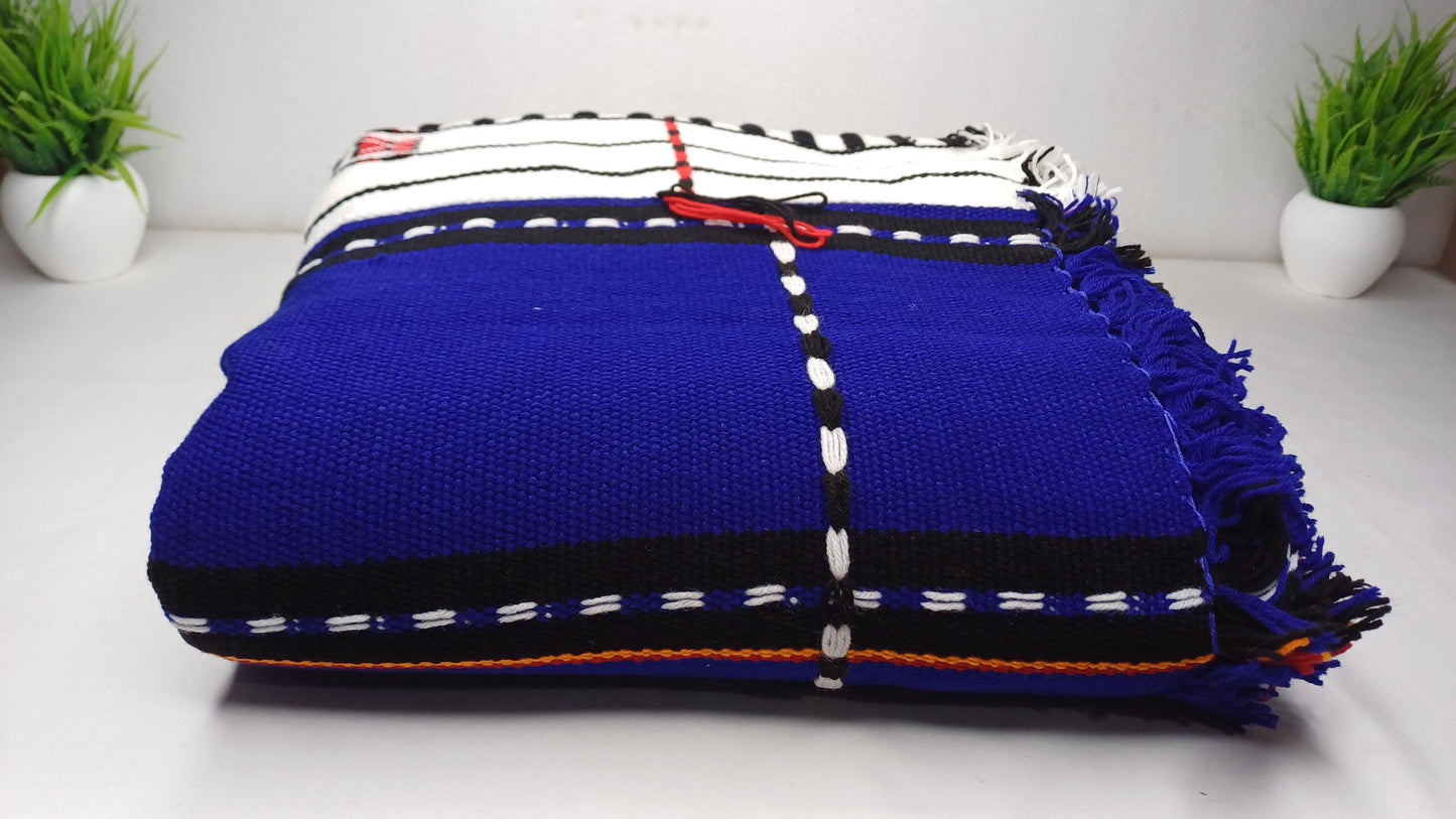 Large Thick Handwoven Black/Blue/White NagaTribe Traditional Blanket,Ethnic Sofa Throw,Native Indian Cloth,Naga Tribe Shawl,Tribal WallDecor