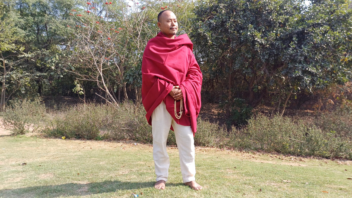 MANJUSHRI Large Handwoven Organic Cotton Maroon Tibetan Buddhist Monk Meditation Shawl,Indian Cotton Tantrik Prayer Wrap,Buddhist Prayer Zen