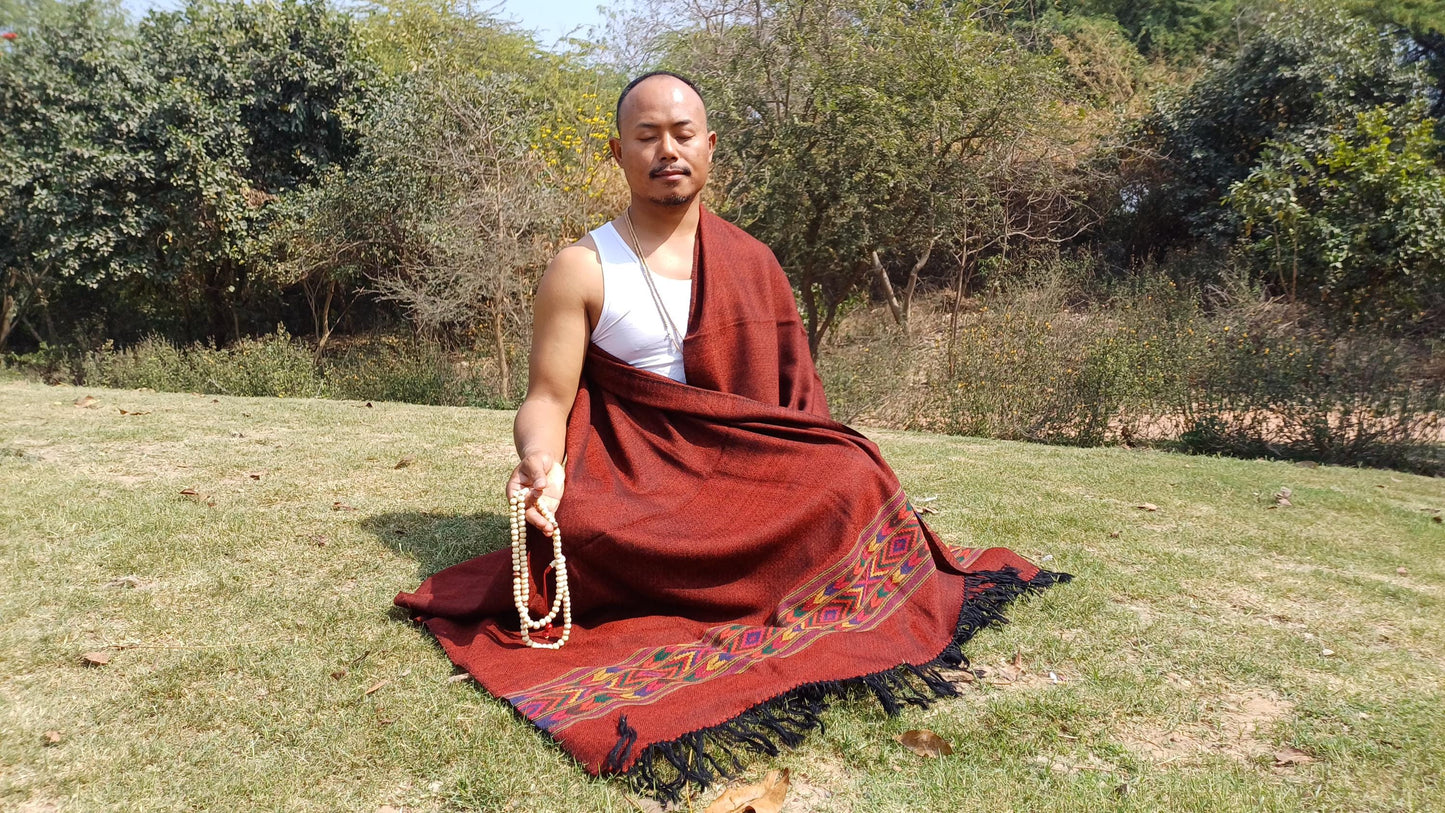 Handwoven Burgundy Pure Himalayan Sheep Wool Meditation Shawl,Himalayan Prayer Blanket,Himalayan Wool,Kullu Shawl,Handmade Indian Shawl,