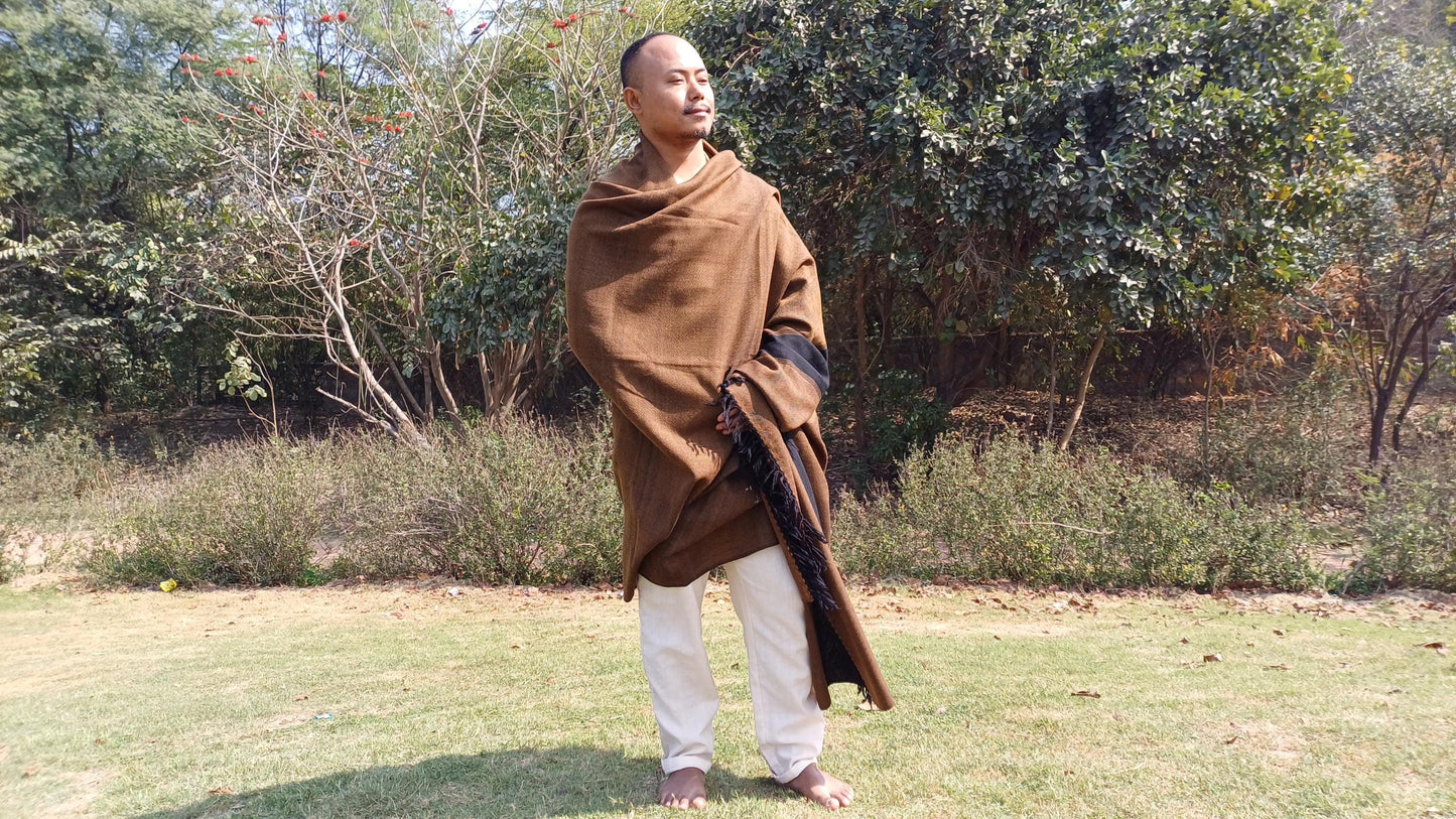 Handwoven Dark Brown Pure Himalayan Sheep Wool Meditation Shawl,Himalayan Prayer Blanket,Kullu Shawl,Ethnic Indian Shawl,Wool Prayer Wrap