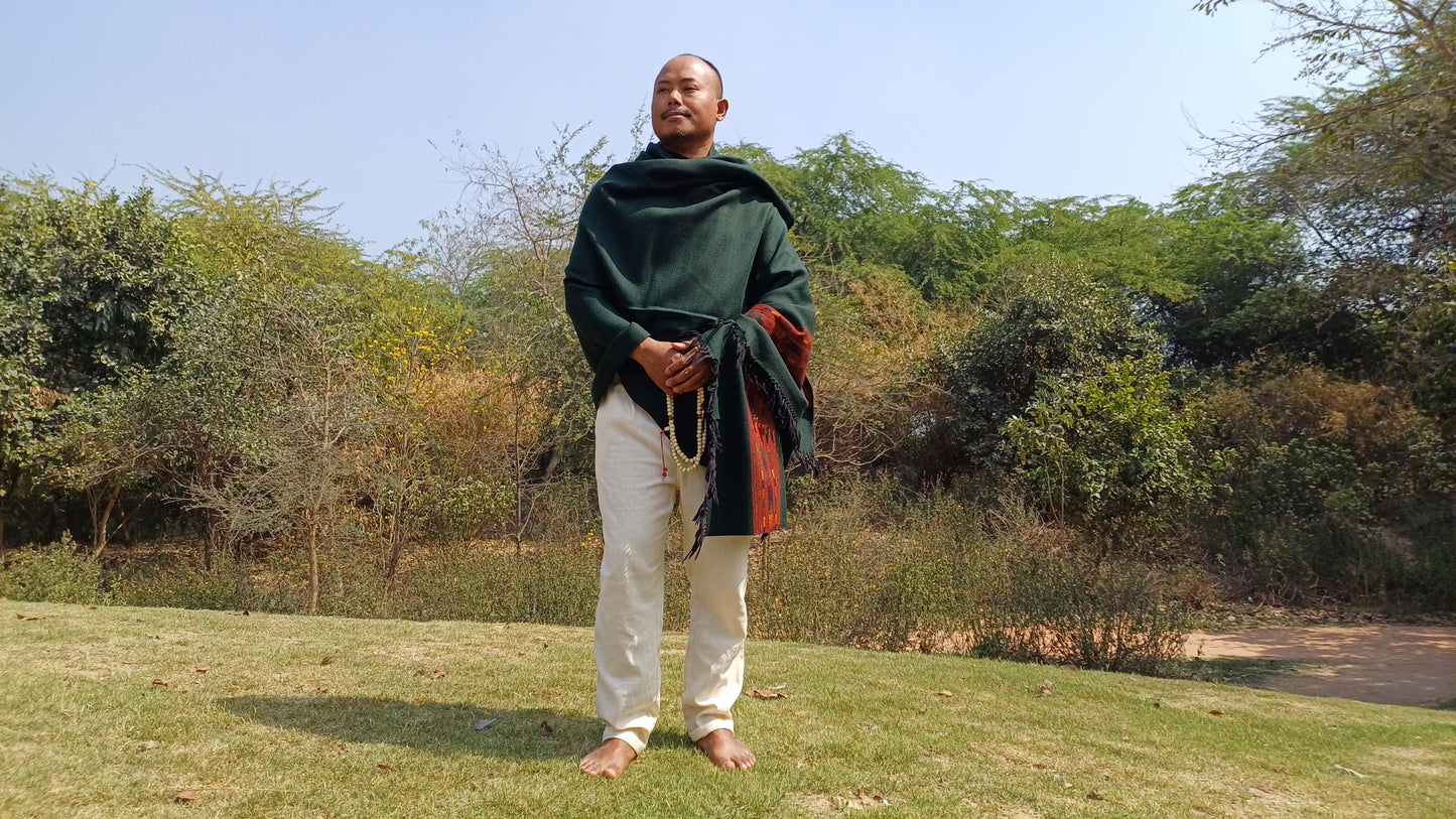 Handwoven Forest Green Pure Himalayan Sheep Wool Meditation Shawl,Himalayan Prayer Blanket,Kullu Shawl,Ethnic Indian Shawl,Wool Prayer Wrap