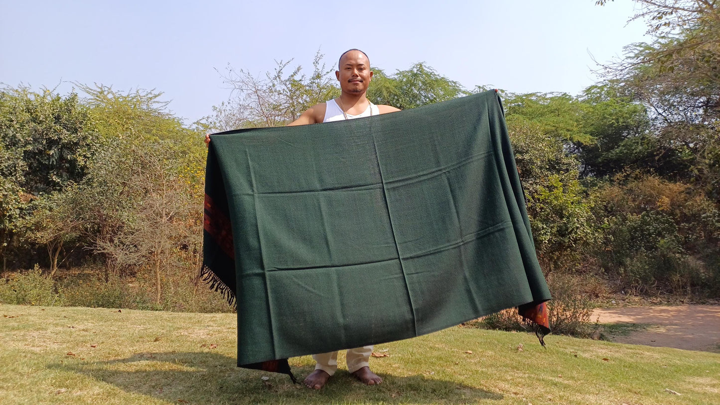 Handwoven Forest Green Pure Himalayan Sheep Wool Meditation Shawl,Himalayan Prayer Blanket,Kullu Shawl,Ethnic Indian Shawl,Wool Prayer Wrap