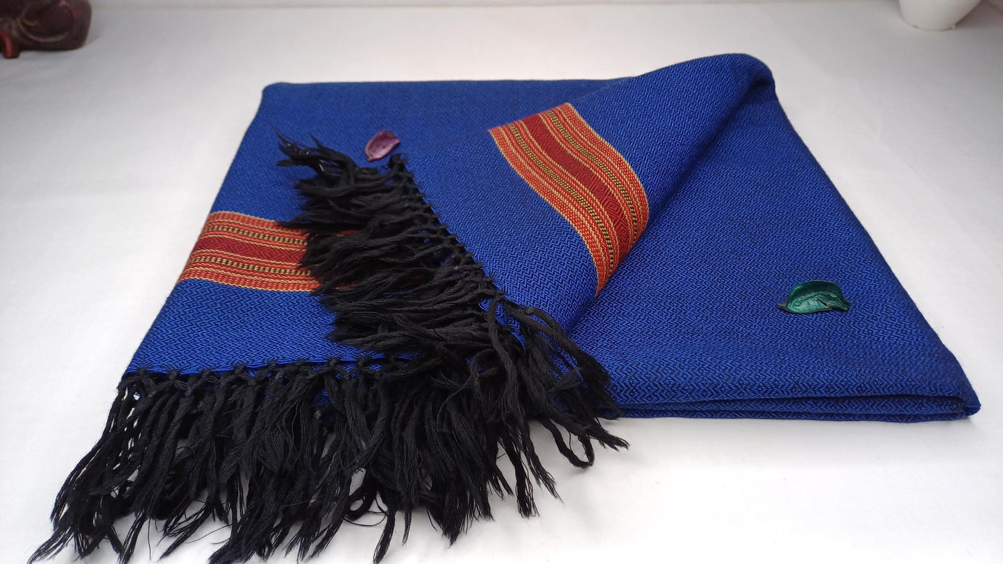 Blue Handwoven Pure Himalayan Sheep Wool Meditation Shawl,Ethnic Indian Embroidered Prayer Scarf,Himalayan Wool Wrap,Traditional Kullu Shawl
