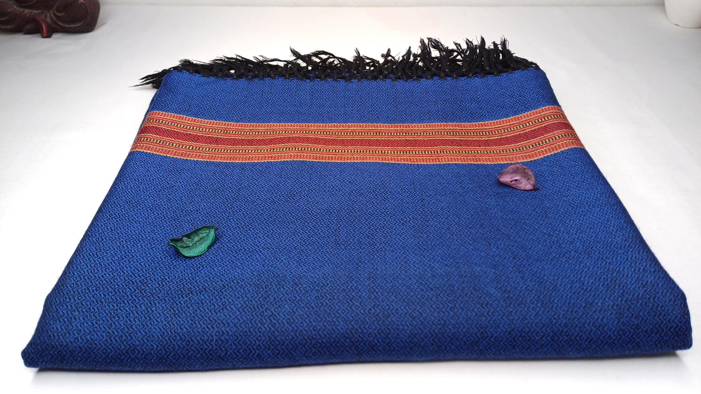 Blue Handwoven Pure Himalayan Sheep Wool Meditation Shawl,Ethnic Indian Embroidered Prayer Scarf,Himalayan Wool Wrap,Traditional Kullu Shawl