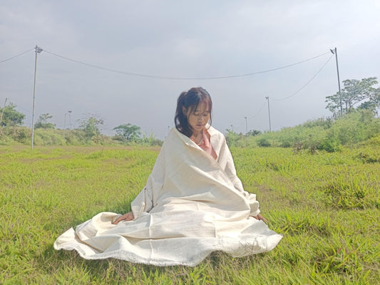 NIRVANA Large Traditional Handwoven White Tibetan Buddhist Raw Eri Silk Meditation Shawl,Tantric Meditation Wrap,Buddhist Prayer Silk Zen