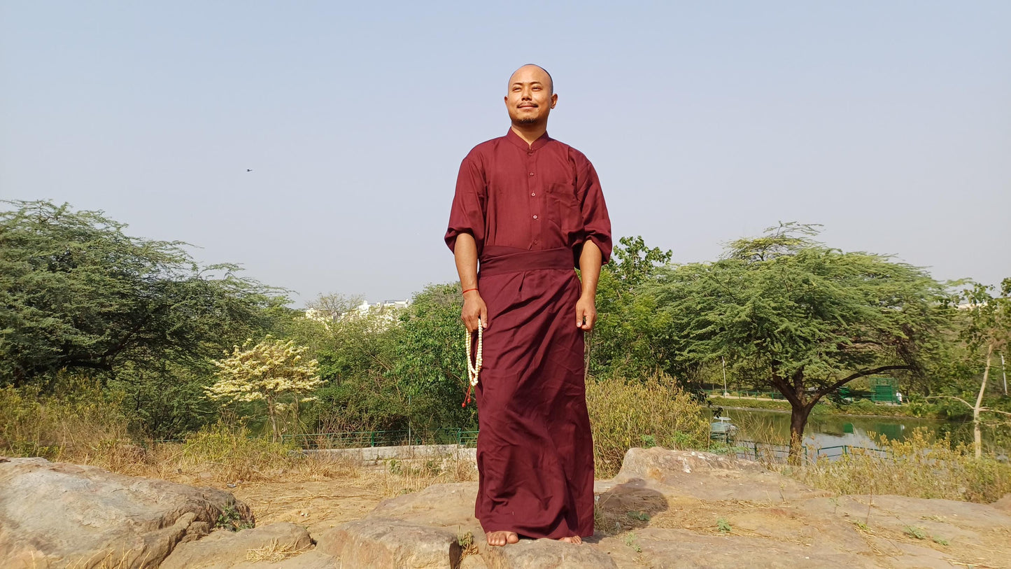 Layman Cotton Burgundy Tibetan Buddhist Meditation Robe Set,Shirt/Wrap Buddhist Prayer Suit,Zen Meditation Clothing,Spiritual Temple Costume