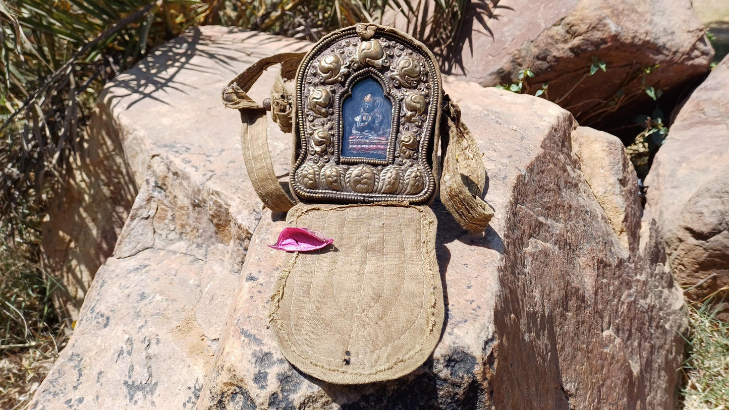 Antique AMITABHA BUDH Tibetan Ghau Shrine,Pocket Tibetan Buddhist Altar,VintagePortable Travel Tibetan Repousse,CopperSilver Ghau Prayer Box