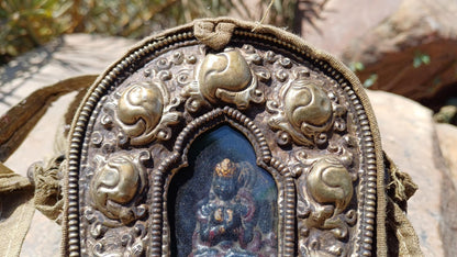 Antique AMITABHA BUDH Tibetan Ghau Shrine,Pocket Tibetan Buddhist Altar,VintagePortable Travel Tibetan Repousse,CopperSilver Ghau Prayer Box