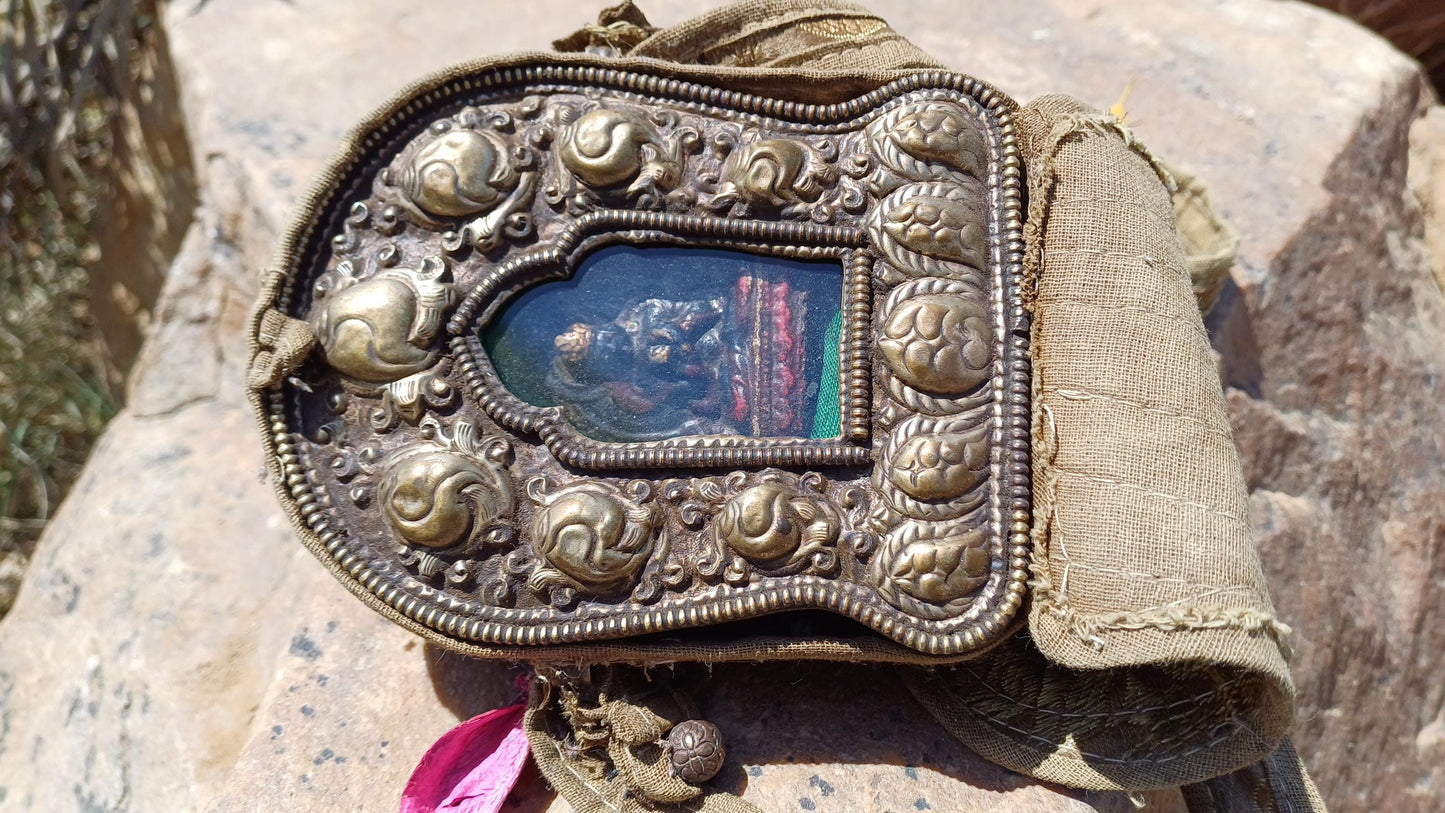 Antique AMITABHA BUDH Tibetan Ghau Shrine,Pocket Tibetan Buddhist Altar,VintagePortable Travel Tibetan Repousse,CopperSilver Ghau Prayer Box
