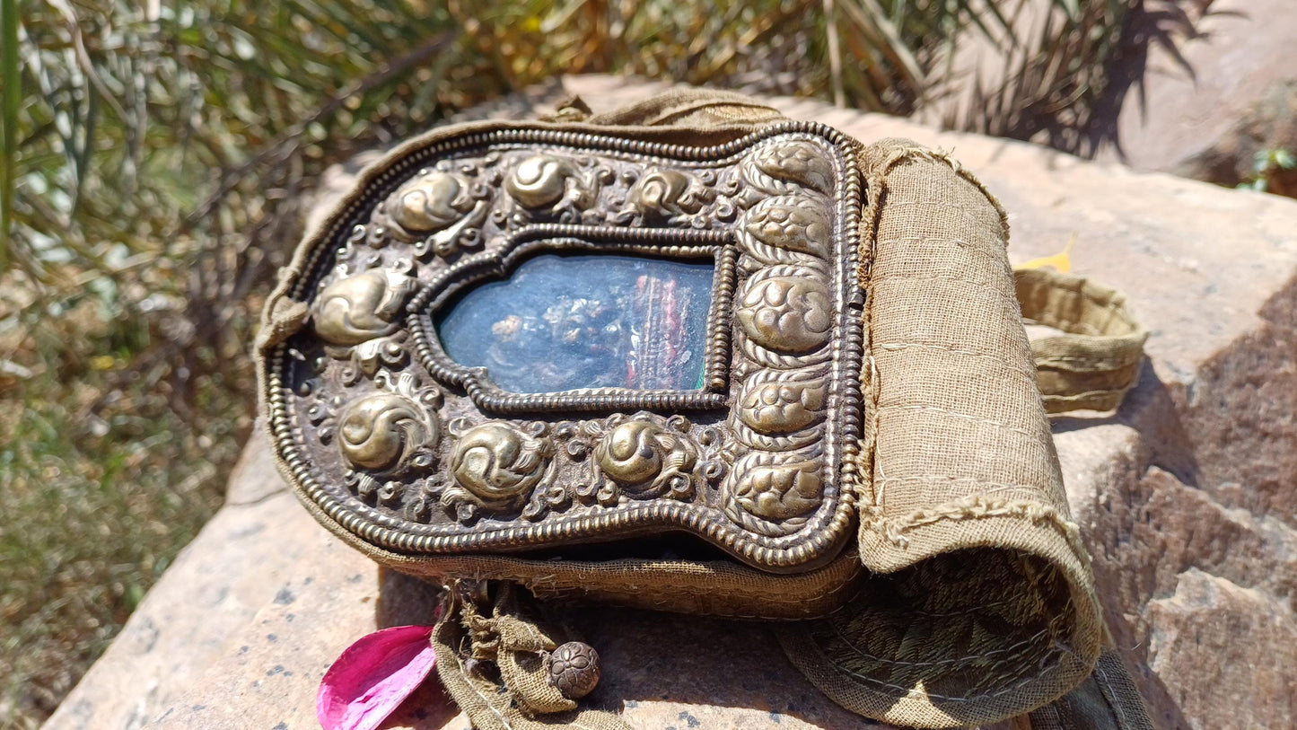 Antique AMITABHA BUDH Tibetan Ghau Shrine,Pocket Tibetan Buddhist Altar,VintagePortable Travel Tibetan Repousse,CopperSilver Ghau Prayer Box