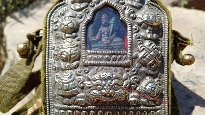 Antique AMITABHA BUDH Tibetan Ghau Shrine,Pocket Tibetan Buddhist Altar,VintagePortable Travel Tibetan Repousse,CopperSilver Ghau Prayer Box
