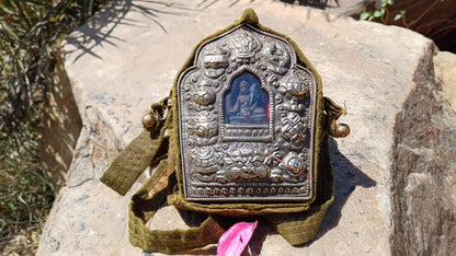 Antique AMITABHA BUDH Tibetan Ghau Shrine,Pocket Tibetan Buddhist Altar,VintagePortable Travel Tibetan Repousse,CopperSilver Ghau Prayer Box