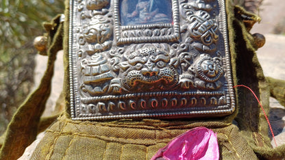 Antique AMITABHA BUDH Tibetan Ghau Shrine,Pocket Tibetan Buddhist Altar,VintagePortable Travel Tibetan Repousse,CopperSilver Ghau Prayer Box