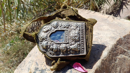Antique PADMASAMBHAVA Tibetan Ghau Shrine,Pocket Tibetan Buddhist Altar,VintagePortable Travel Tibetan Repousse,CopperSilver Ghau Prayer Box