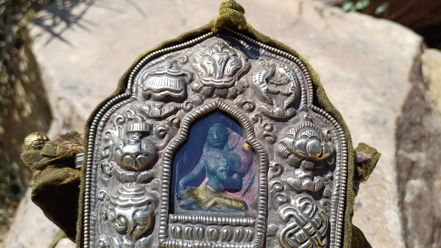 Antique PADMASAMBHAVA Tibetan Ghau Shrine,Pocket Tibetan Buddhist Altar,VintagePortable Travel Tibetan Repousse,CopperSilver Ghau Prayer Box
