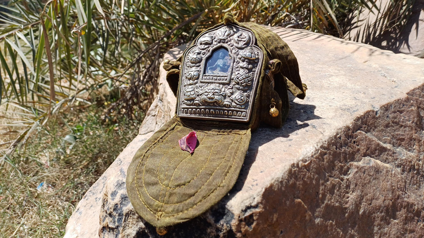 Antique PADMASAMBHAVA Tibetan Ghau Shrine,Pocket Tibetan Buddhist Altar,VintagePortable Travel Tibetan Repousse,CopperSilver Ghau Prayer Box