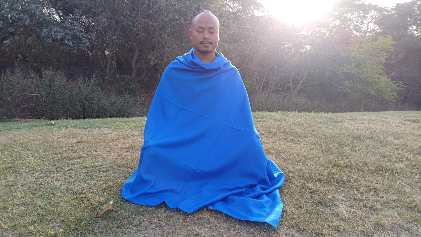 Handwoven Large Lightweight Blue Color Authentic Himalayan Cashmere Wool Meditation Shawl,Ethical Cashmere Prayer Yoga Wrap,Wedding Shawl