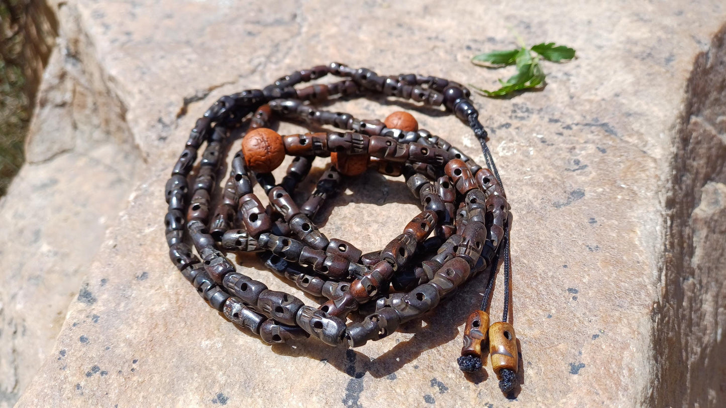 108 Handcarved Skull Bone Beads and Bodhi Meditation Mala,Ethnic Bone Necklace/Jewellery,Tibetan Buddhist Prayer Skull Bone Prayer Rosary