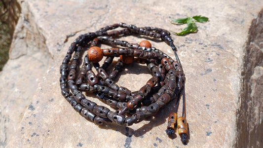 108 Handcarved Skull Bone Beads and Bodhi Meditation Mala,Ethnic Bone Necklace/Jewellery,Tibetan Buddhist Prayer Skull Bone Prayer Rosary