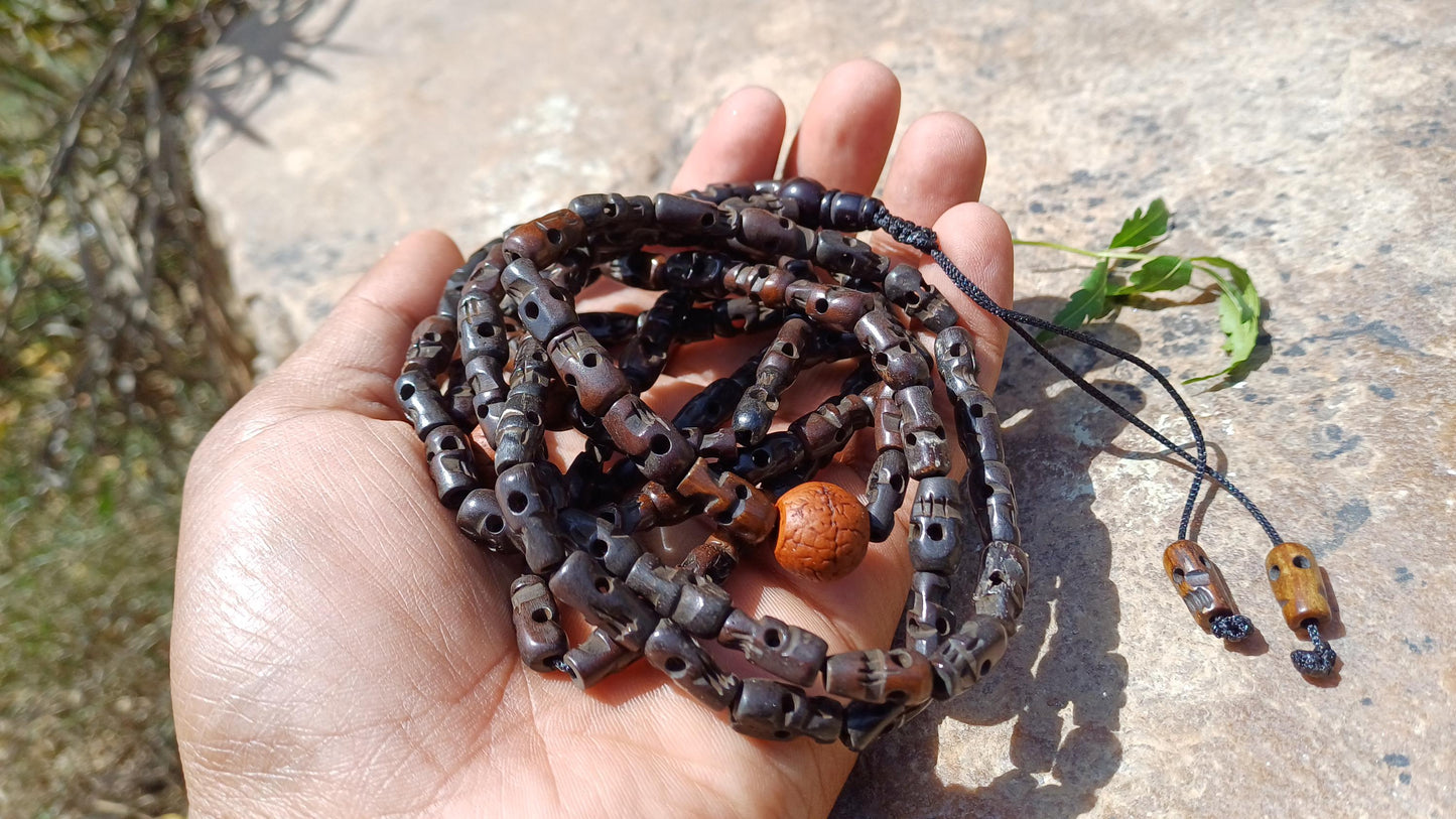 108 Handcarved Skull Bone Beads and Bodhi Meditation Mala,Ethnic Bone Necklace/Jewellery,Tibetan Buddhist Prayer Skull Bone Prayer Rosary