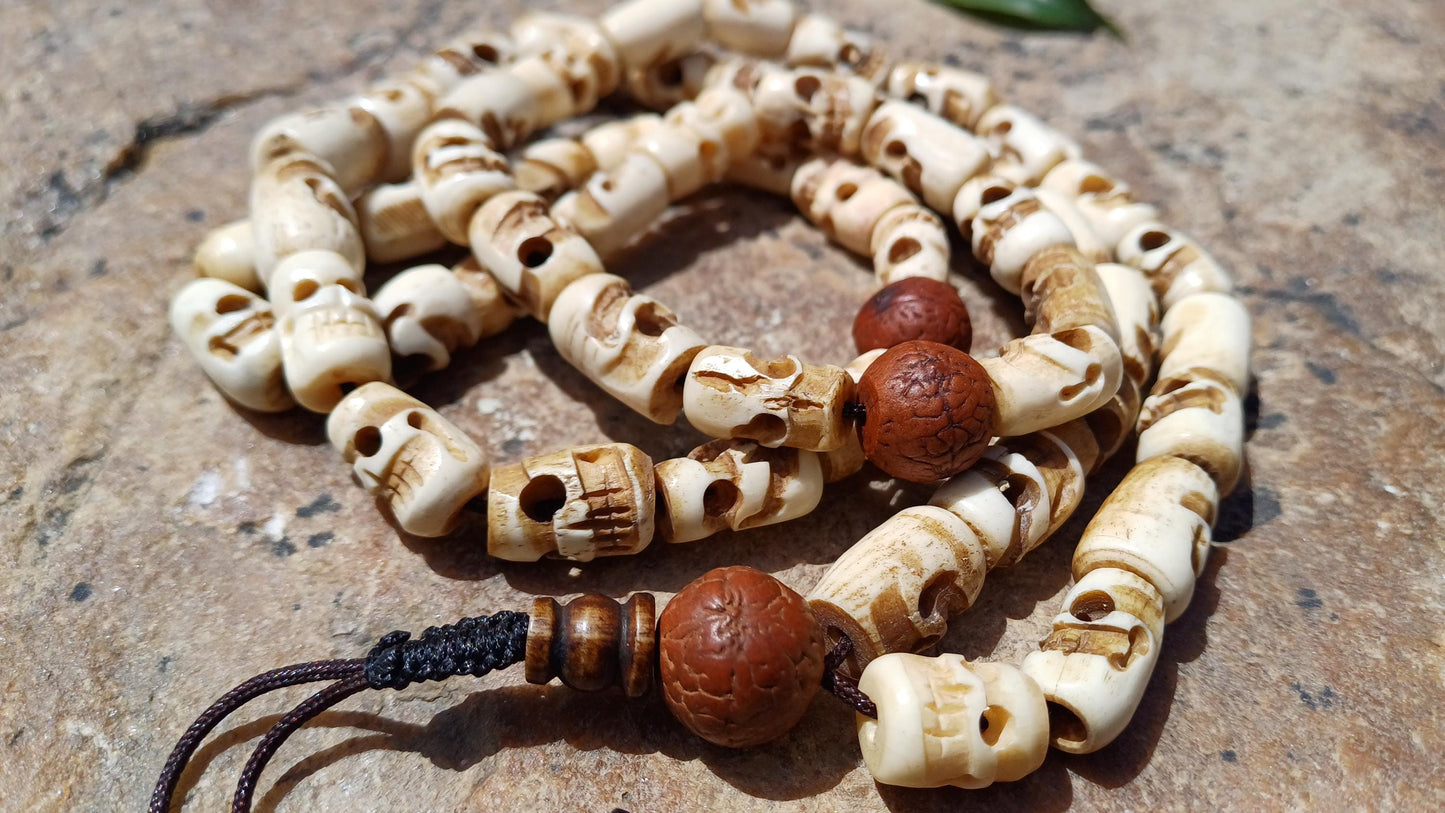 54 Handcarved Buddhist Tantrik Skull Bone and Bodhi Impermanence Mala,Bone Meditation Bead,Ethnic Tibetan Buddhist Prayer Skull Bone Rosary