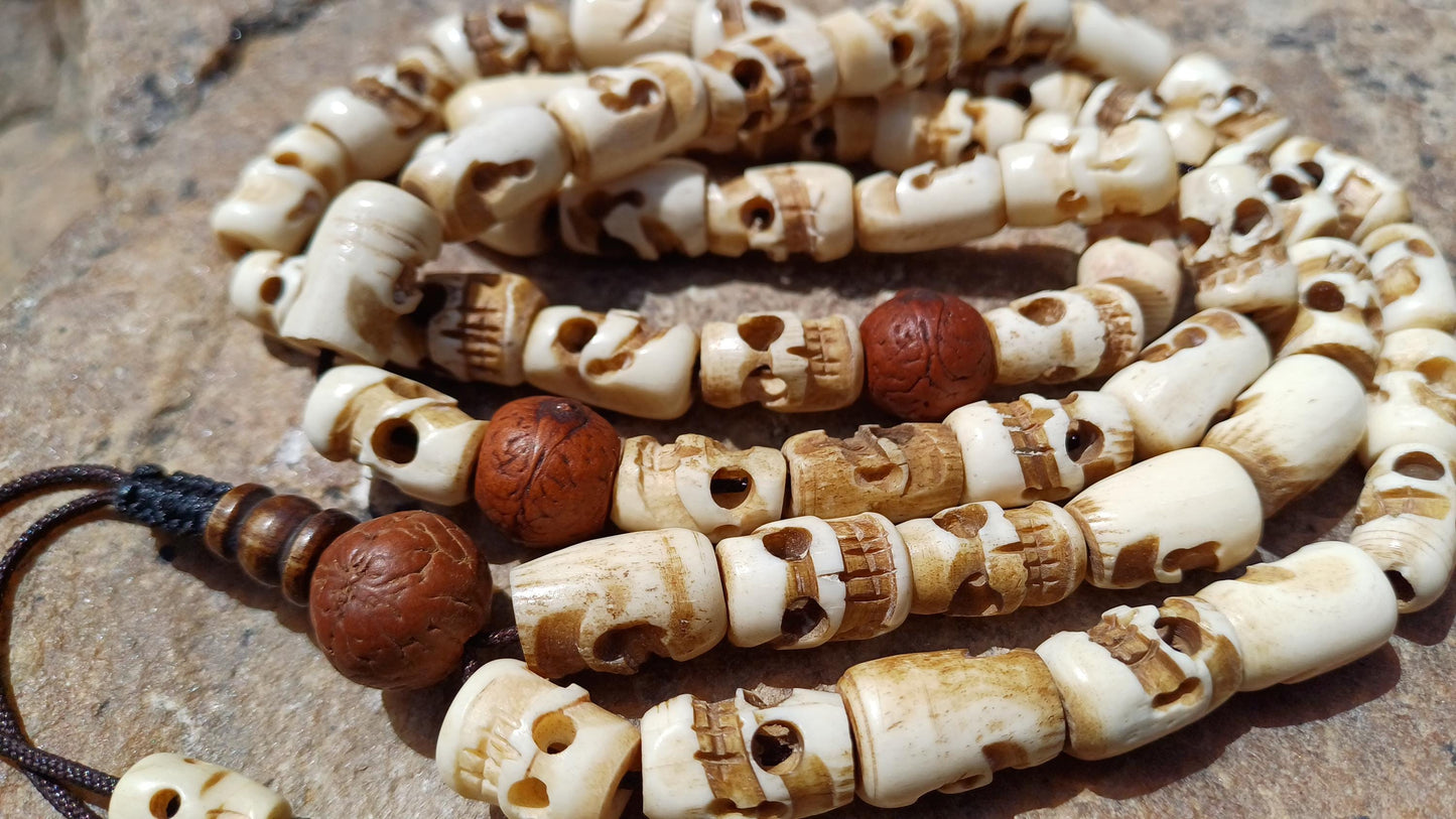 54 Handcarved Buddhist Tantrik Skull Bone and Bodhi Impermanence Mala,Bone Meditation Bead,Ethnic Tibetan Buddhist Prayer Skull Bone Rosary