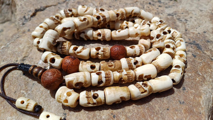 54 Handcarved Buddhist Tantrik Skull Bone and Bodhi Impermanence Mala,Bone Meditation Bead,Ethnic Tibetan Buddhist Prayer Skull Bone Rosary