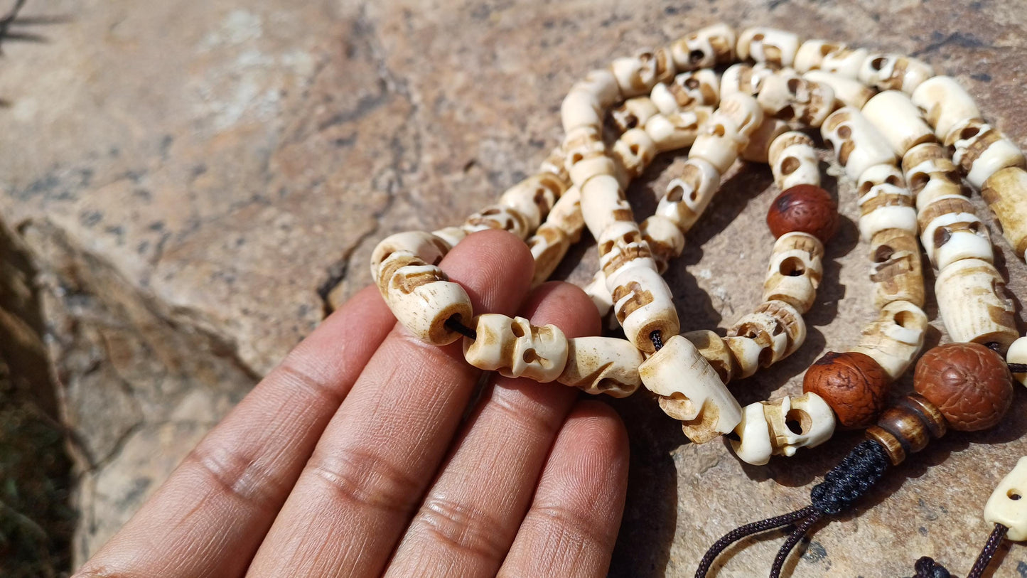 54 Handcarved Buddhist Tantrik Skull Bone and Bodhi Impermanence Mala,Bone Meditation Bead,Ethnic Tibetan Buddhist Prayer Skull Bone Rosary