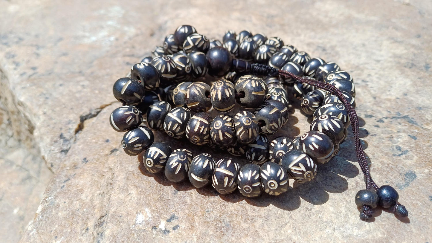 108 12mm Antique Gandhara Hand-carved Original Bone Tibetan Buddhist Prayer Beads,Vintage Buddhist Rosary Mala,Disk Shaped Kapala Bone Mala