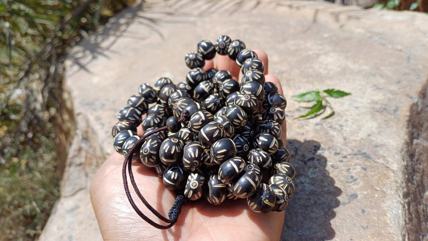 108 12mm Antique Gandhara Hand-carved Original Bone Tibetan Buddhist Prayer Beads,Vintage Buddhist Rosary Mala,Disk Shaped Kapala Bone Mala