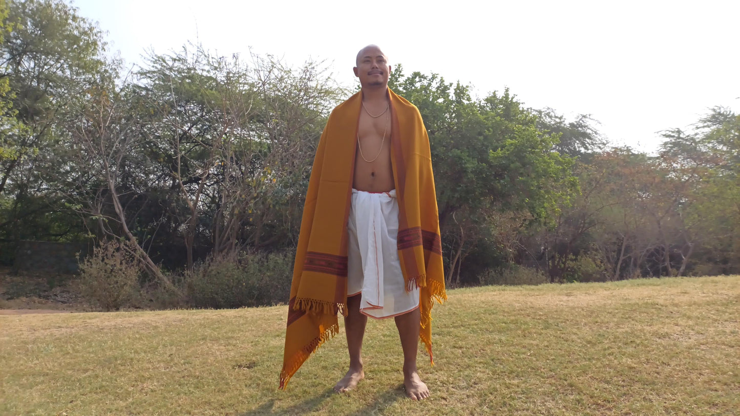 Handwoven Saffron Color Himalayan Sheep Wool Meditation Shawl,Ethnic Indian Prayer Scarf,Himalayan Wool Prayer Wrap,Embroidered Kullu Shawl