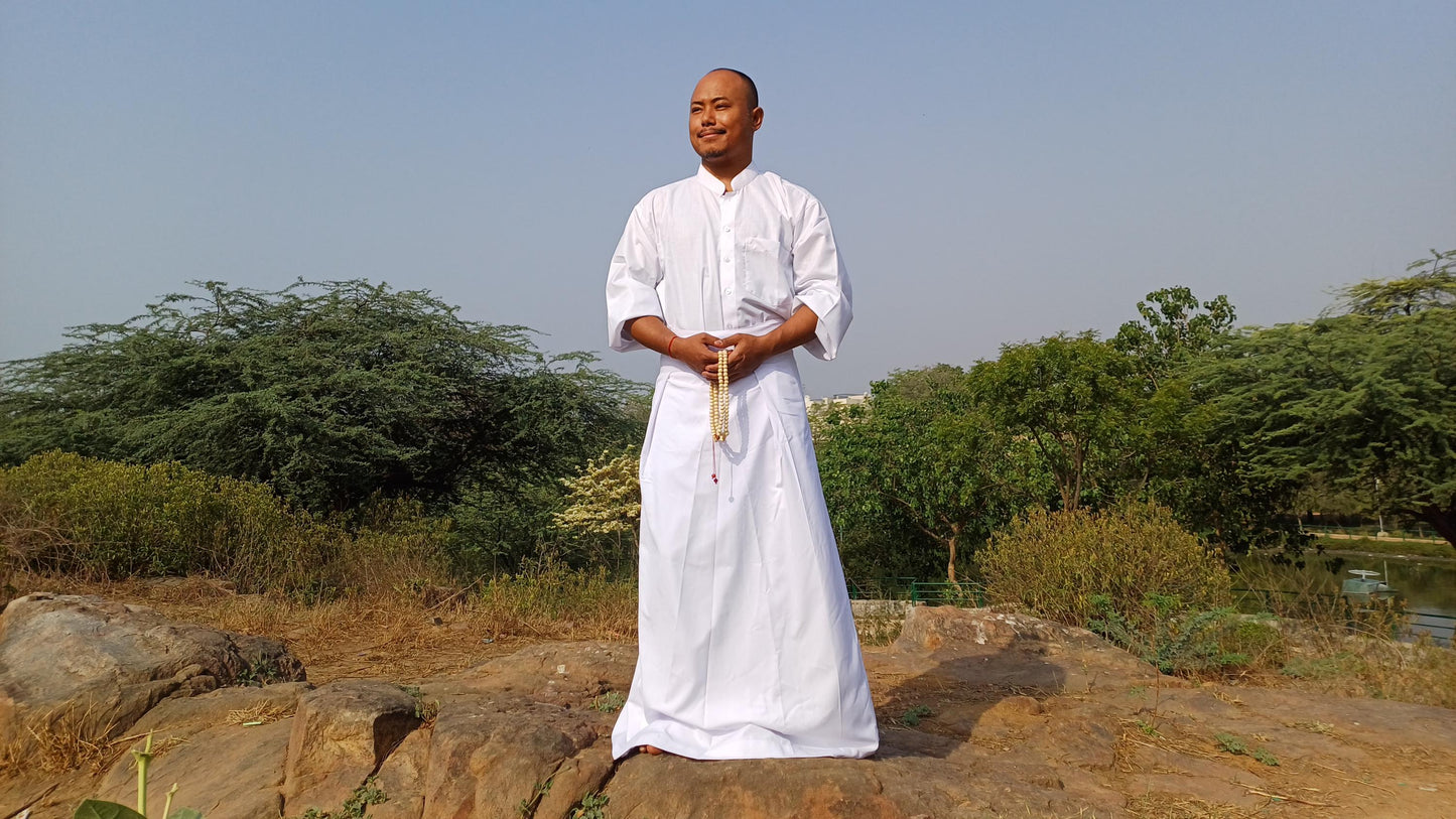 Layman Unisex White Tibetan Buddhist Meditation Skirt,Half Chuba Wrap-Around Cotton Meditation Cloth,Monastry Style Spiritual Lower Robe