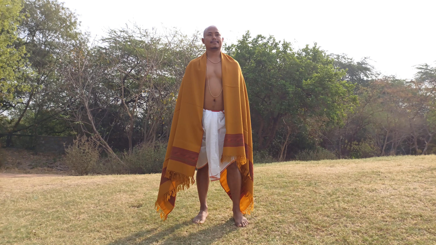 Handwoven Saffron Color Himalayan Sheep Wool Meditation Shawl,Ethnic Indian Prayer Scarf,Himalayan Wool  Prayer Wrap,Embroidered Kullu Shawl
