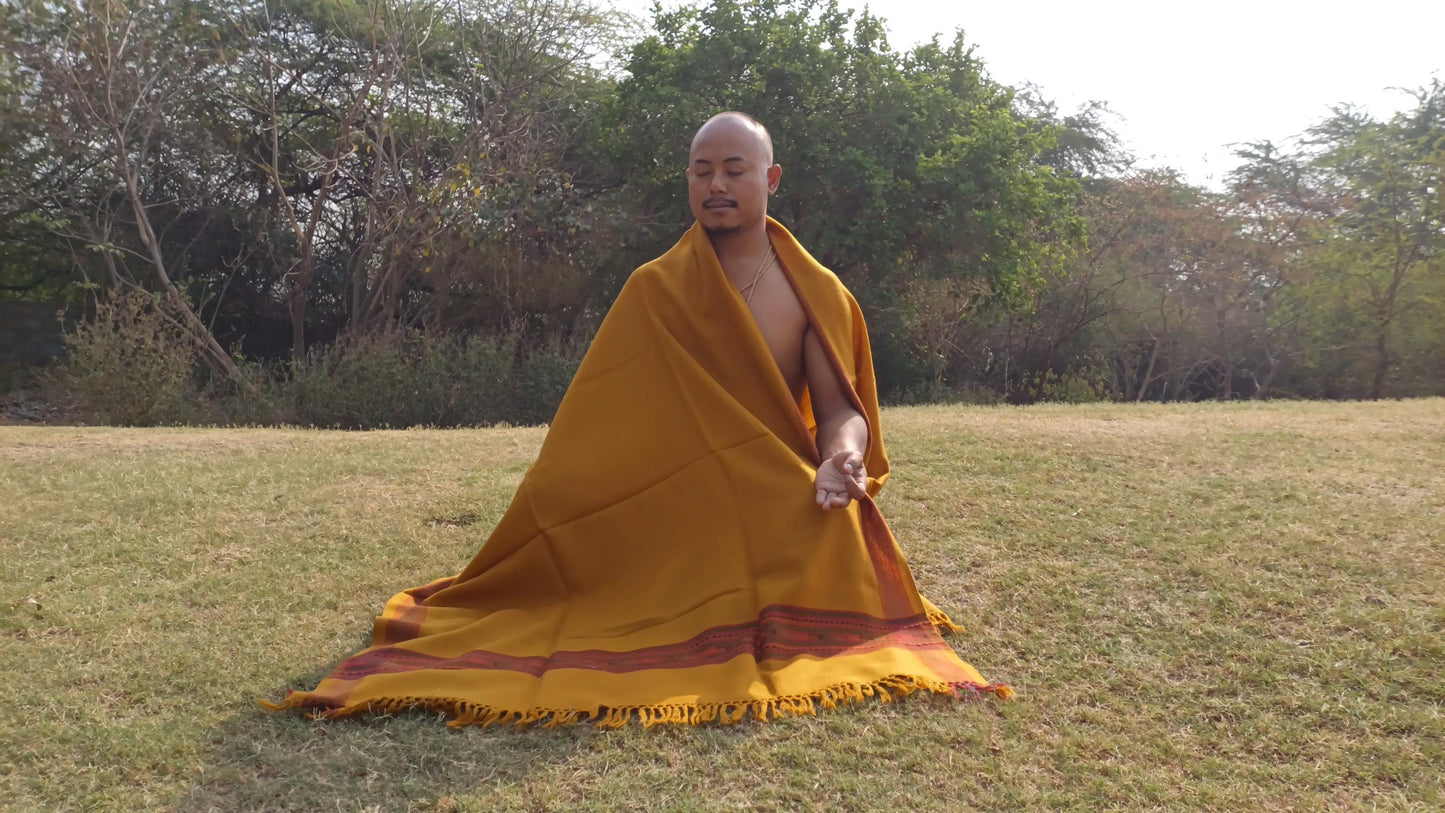 Handwoven Saffron Color Himalayan Sheep Wool Meditation Shawl,Ethnic Indian Prayer Scarf,Himalayan Wool Prayer Wrap,Embroidered Kullu Shawl