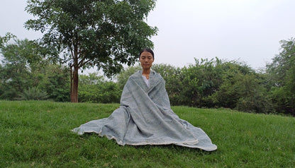 Large Traditional Handspun And Handwoven Indigo Blue Raw Eri Silk Meditation Shawl,Oversize Peace Silk Wrap,Non -Violent Eri Silk Prayer Zen