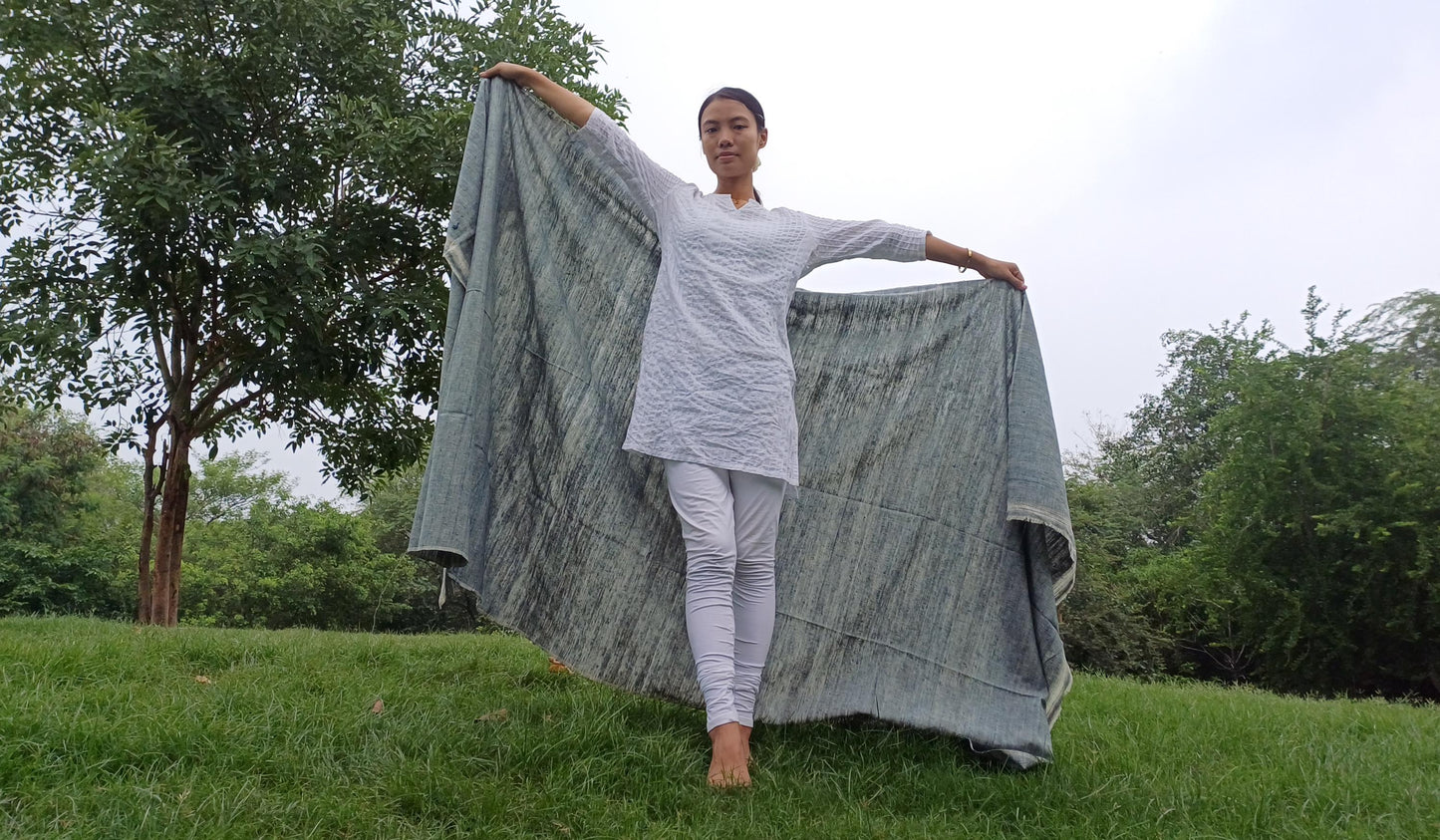Large Traditional Handspun And Handwoven Indigo Blue Raw Eri Silk Meditation Shawl,Oversize Peace Silk Wrap,Non -Violent Eri Silk Prayer Zen